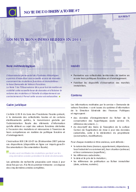 Note de l'observatoire n°7 | Les mutations immobilières en 2011