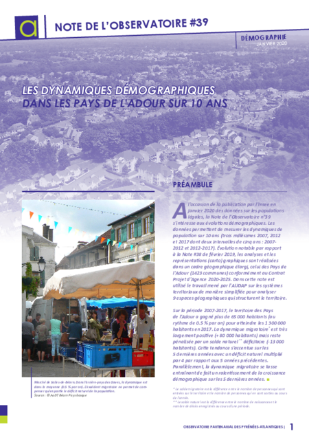 Note de l’Observatoire #39 | Les dynamiques démographiques dans les Pays de l'Adour sur 10 ans