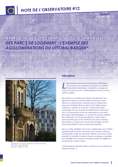 Note n°12 | Approche de l'occupation socio-spatiale des parcs de logement : l'exemple des agglomérations du littoral basque 