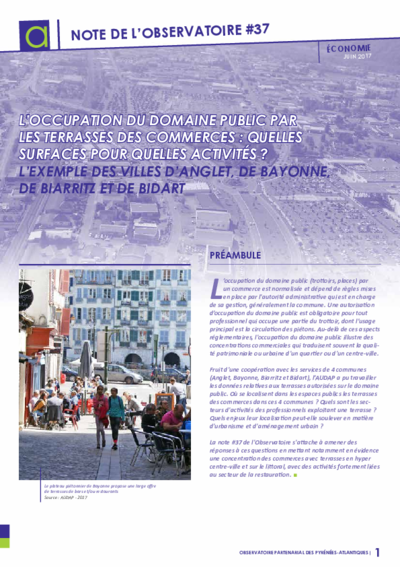 Note de l'Observatoire #37 | L'occupation du domaine public par les terrasses des commerces : quelles surfaces pour quelles activités ? L'exemple des villes d'Anglet, de Bayonne, de Biarritz et de Bidart 
