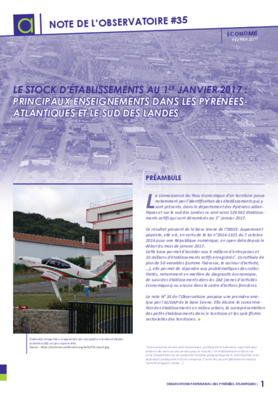 Note #35 | Le stock d'établissements au 1er janvier 2017 : Principaux enseignements dans les Pyrénées-Atlantiques et le sud des Landes 