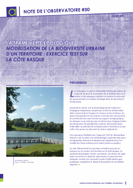 Note de l'observatoire n°30 | La trame verte écologique - Modélisation de la biodiversité urbaine d'un territoire : exercice test sur la côte basque