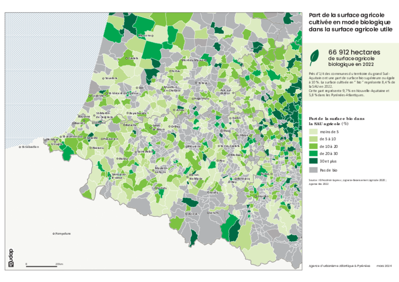 Part de la surface agricole cultivée en mode biologique dans la surface agricole utile en 2022 