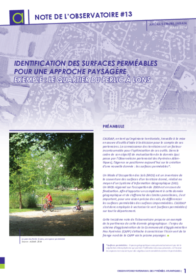 Note n°13 | Identification des surfaces perméables pour une approche paysagère. Exemple : le quartier du Perlic à Lons 