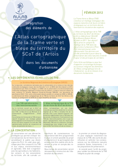 Intégration des éléments de l'atlas cartographique de la trame verte et bleue du territoire du SCoT de l'Artois dans les documents d'urbanisme 