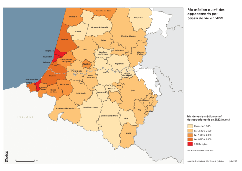 Prix médian au m2 des appartements par bassins de vie en 2022 