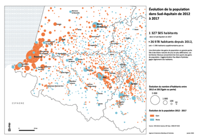 Évolution de la population dans le Sud-Aquitain de 2012 à 2017 