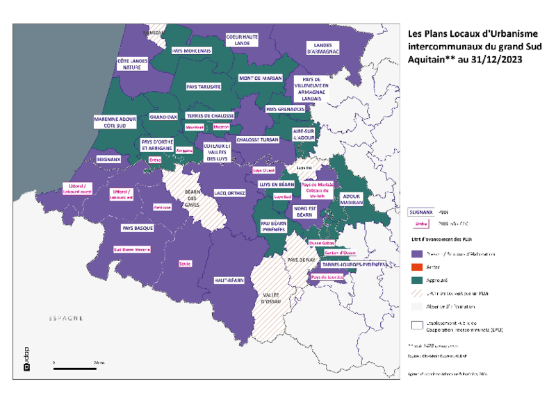 Les Plans Locaux d'Urbanisme intercommunaux du grand Sud-Aquitain au 31/12/2023 