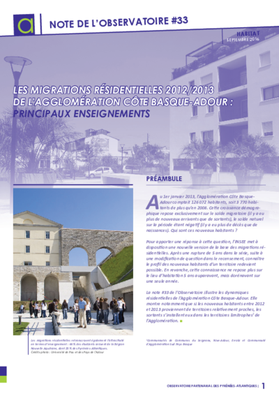 Note de l'Observatoire #33 | les migrations résidentielles 2012/2013 de l'agglomération Côte basque Adour: Principaux enseignements 