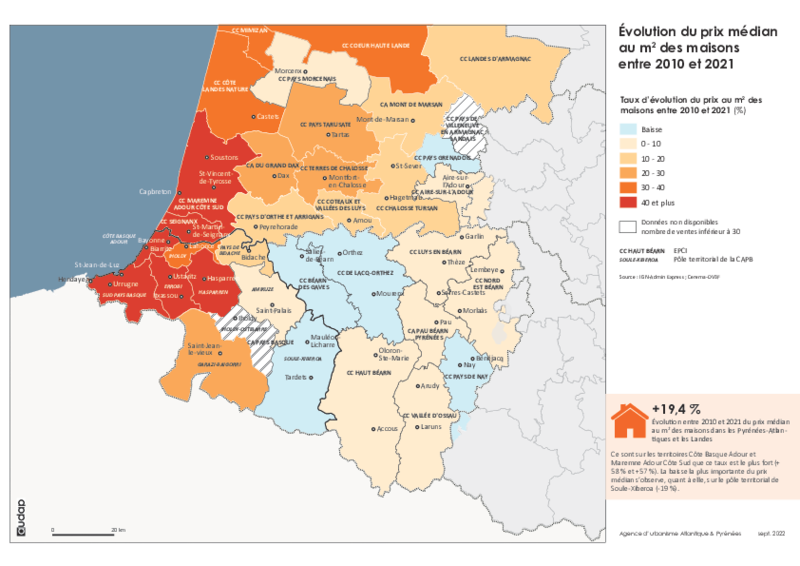 Evolution du prix médian au m² des maisons entre 2010 et 2021 