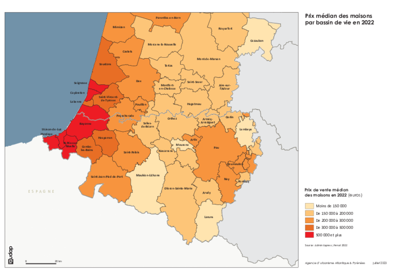 Prix médian des maisons par bassins de vie en 2022 