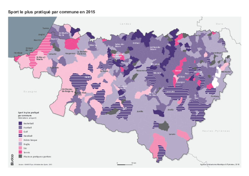 Sport le plus pratiqué par commune en 2015 