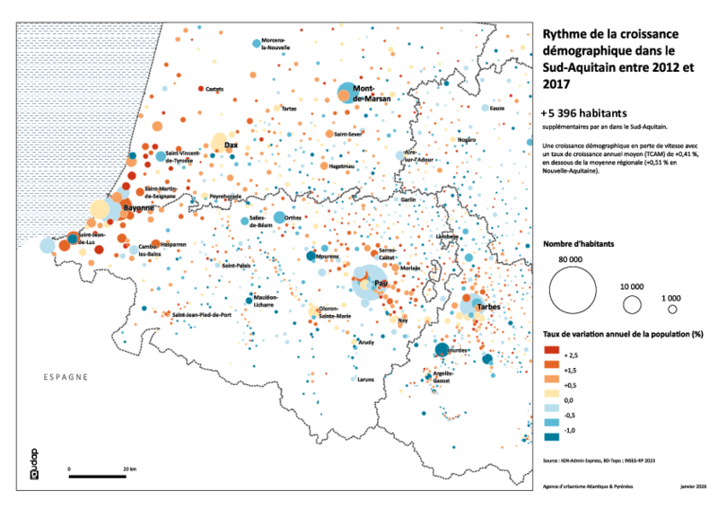 Rythme de la croissance démographique dans le Sud-Aquitain entre 2012 et 2017 
