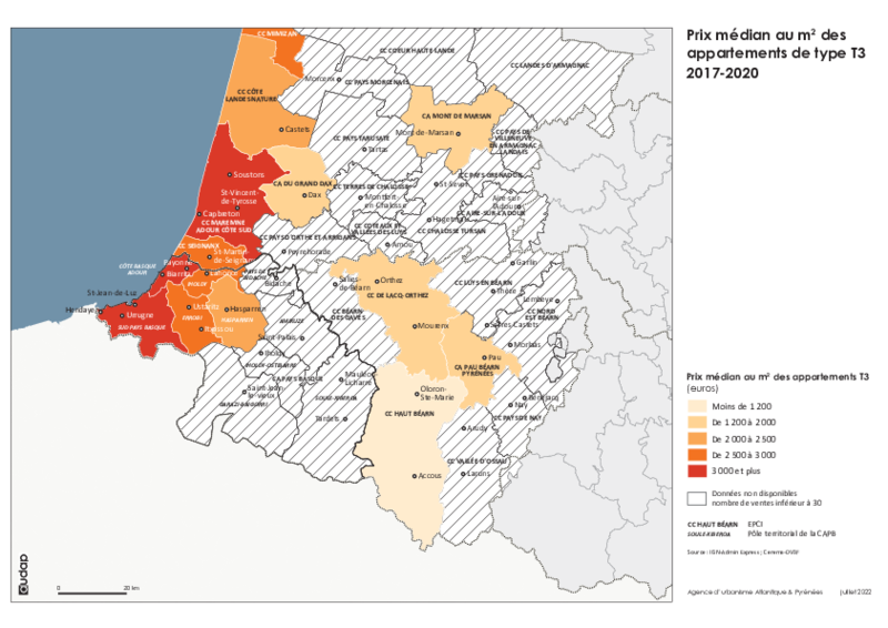 Prix médian au m2 des appartements de type T3 sur la période 2017-2020 