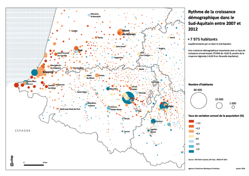 Rythme de la croissance démographique dans le Sud-Aquitain entre 2007 et 2012 