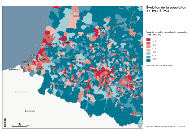 Taux de variation annuel de la population 1968-1975 