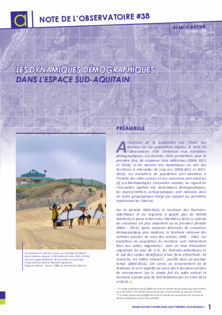 Note de l'Observatoire #38|Les dynamiques démographiques dans l'espace sud aquitain