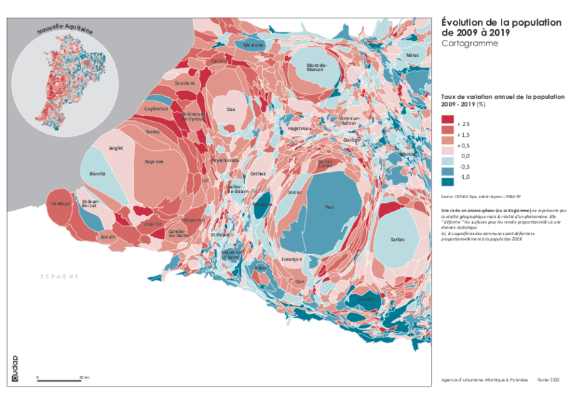 Evolution de la population 2009/2019 - cartogramme 