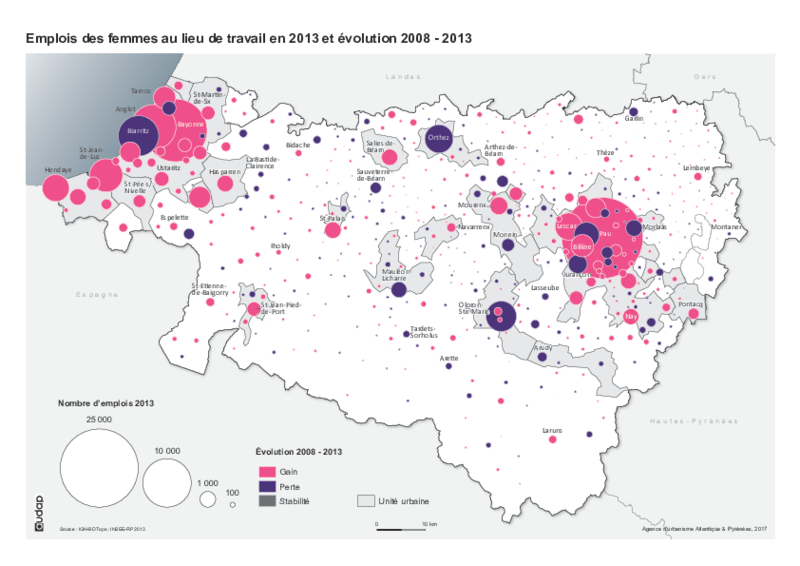 Emplois des femmes au lieu de travail en 2013 et évolution 2008-2013 