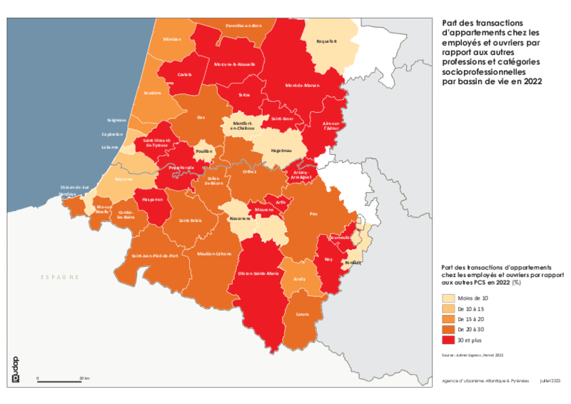 Part des transactions d'appartements chez les employés et ouvriers par bassins de vie en 2022 