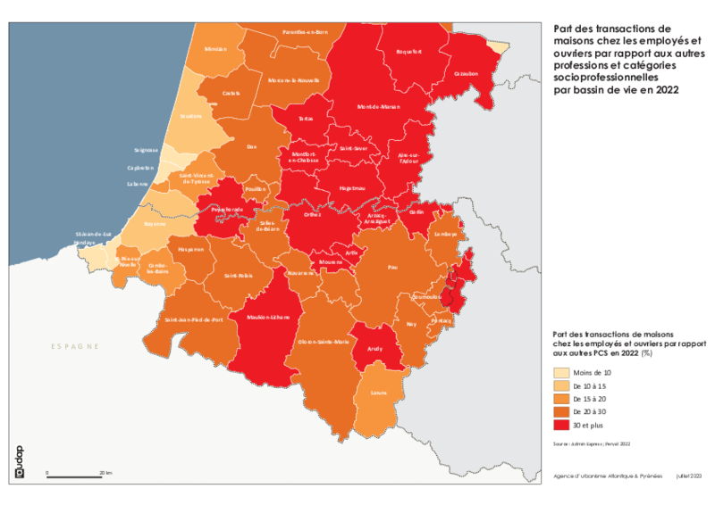 Part des transactions de maisons chez les employés et ouvriers par bassins de vie en 2022 