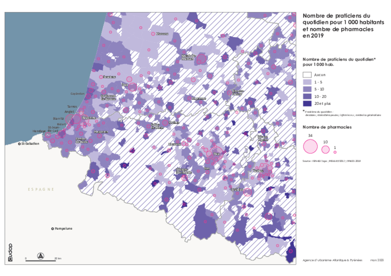 Nombre de praticiens du quotidien pour 1000 habitants et nombre de pharmacies en 2019 