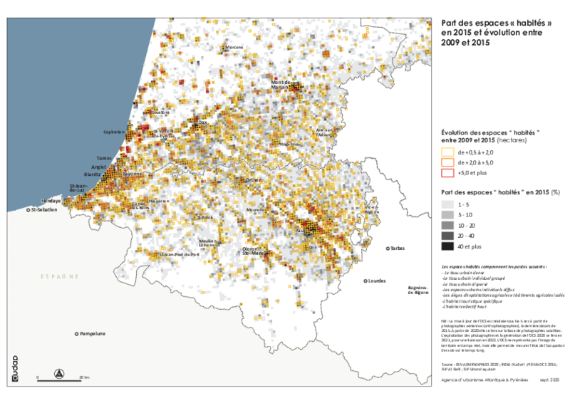 Part des espaces "habités" en 2015 et évolution entre 2009 et 2015 