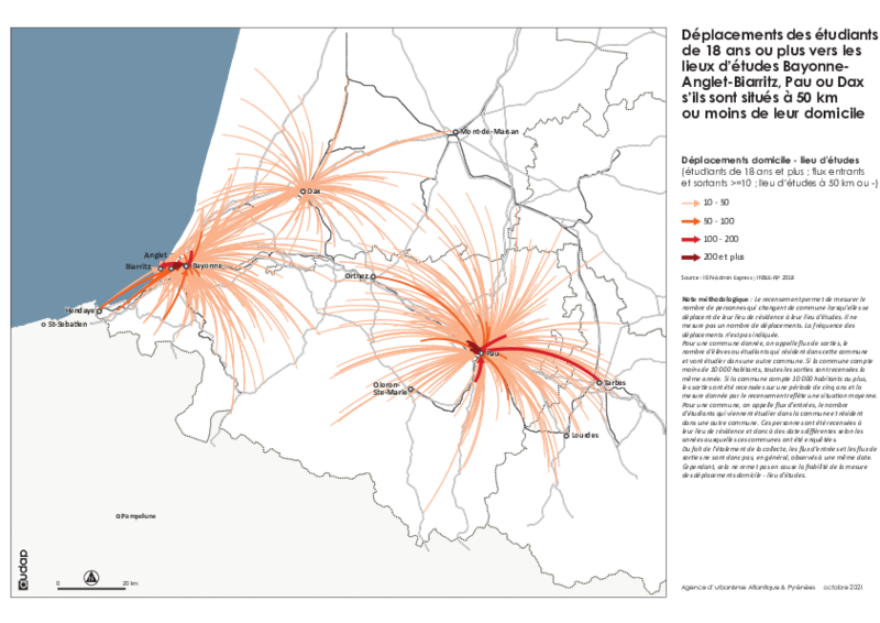 Déplacements des étudiants de 18 ans ou plus vers les lieux d’études Bayonne- Anglet-Biarritz, Pau ou Dax s’ils sont situés à 50 km ou moins de leur domicile 