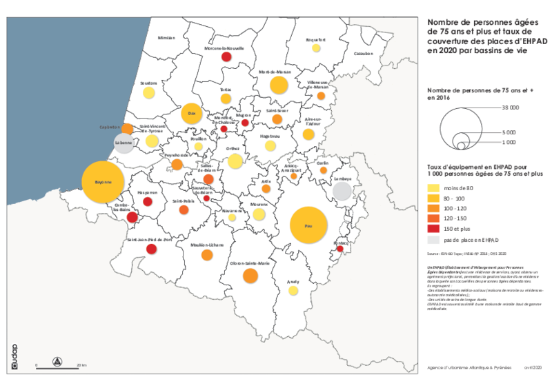 Nombre de 75 ans et plus et taux de couverture des Ehpad par bassin de vie 