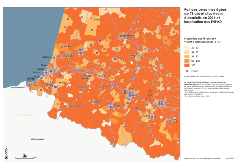 Part des 75 ans et + vivant à domicile en 2016 et nombre d'ehpad en 2020 