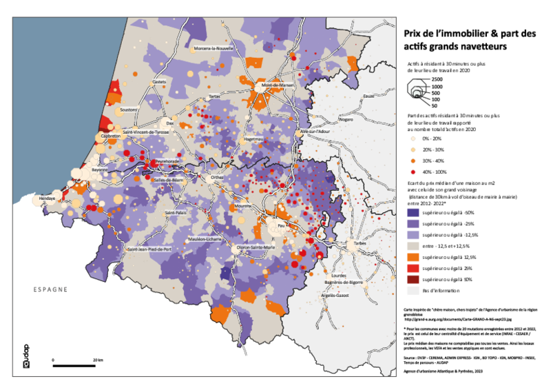 Prix de l'immobilier & part des actifs grands navetteurs dans le Sud-Aquitain en 2022 