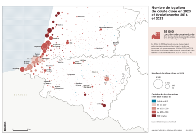 Nombre de locations de courte durée en 2023 et évolution entre 2016 et 2023 
