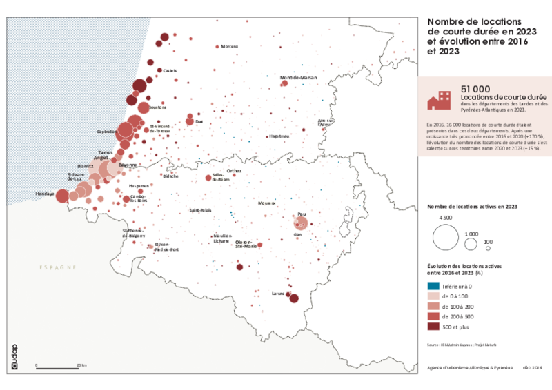 Nombre de locations de courte durée en 2023 et évolution entre 2016 et 2023 