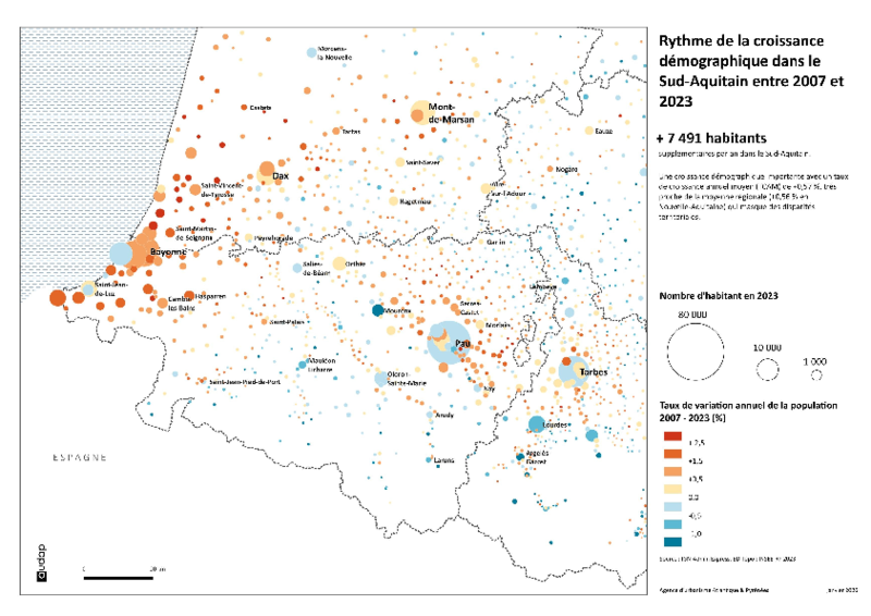 Rythme de la croissance démographique dans le Sud-Aquitain entre 2007 et 2023 