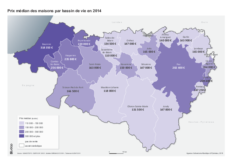 Prix médians des maisons vendues en 2014 par bassin de vie 