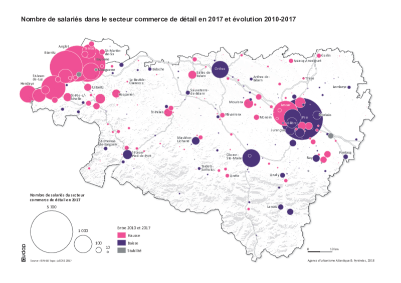 Nombre de salariés du secteur commerce de détail en 2017 et évolution 2010-2017 