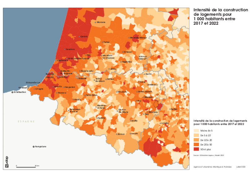 Intensité de la construction de logements pour 1 000 hab. entre 2017 et 2022 