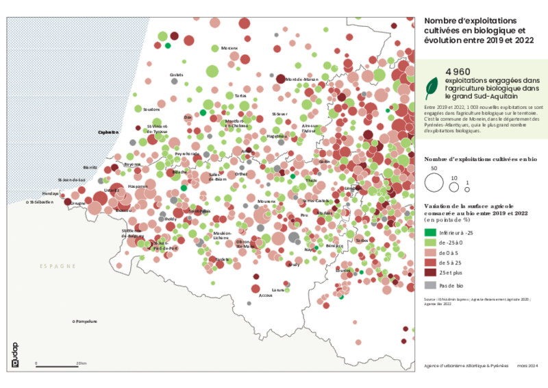 Nombre d’exploitations cultivées en biologique et évolution entre 2019 et 2022 