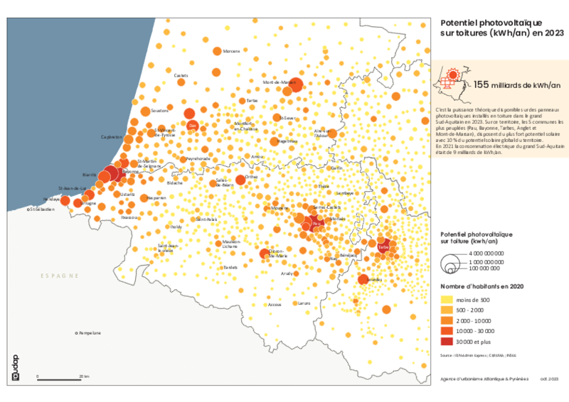 Potentiel photovoltaïque sur toitures par commune (kWh/an) en 2023 