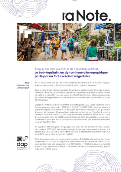 L'a Note #20 | Analyse des derniers chiffres de population de l’INSEE - Le Sud-Aquitain, un dynamisme démographique porté par un fort excédent migratoire 