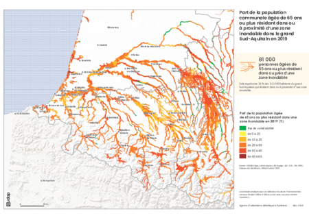 Part de la population communale âgée de 65 ans ou plus résidant dans ou à proximité d’une zone inondable dans le grand Sud-Aquitain en 2019