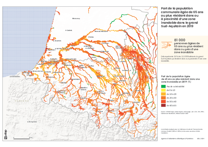 Part de la population communale âgée de 65 ans ou plus résidant dans ou à proximité d’une zone inondable dans le grand Sud-Aquitain en 2019 