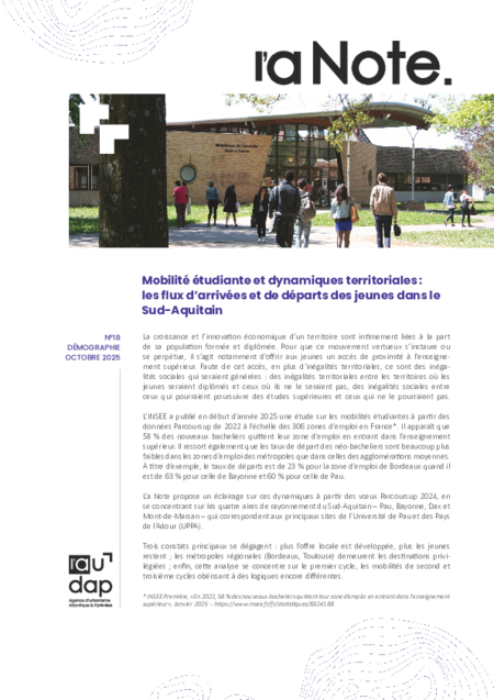 L'a Note #18 | Mobilité étudiante et dynamiques territoriales : les flux d’arrivées et de départs des jeunes dans le Sud-Aquitain 