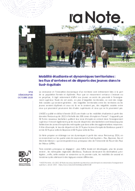 L'a Note #18 | Mobilité étudiante et dynamiques territoriales : les flux d’arrivées et de départs des jeunes dans le Sud-Aquitain 