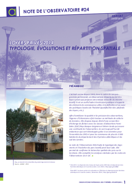 Note #24 | Loyers privés 2014 : typologie, évolutions et répartition spatiale