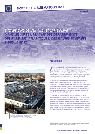 Note de l'observatoire n°31 | Evolution de l'emploi salarié privé dans les aires urbaines des départements des Pyrénées-Atlantiques, des Hautes-Pyrénées et des Landes 